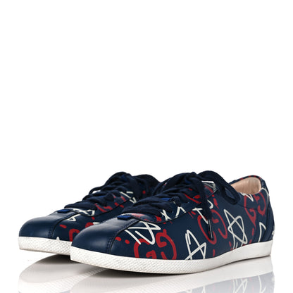 Gucci Calfskin GucciGhost Print Womens Low Top Sneakers 38.5 Blue Agata Hibiscus Red 3 of 8