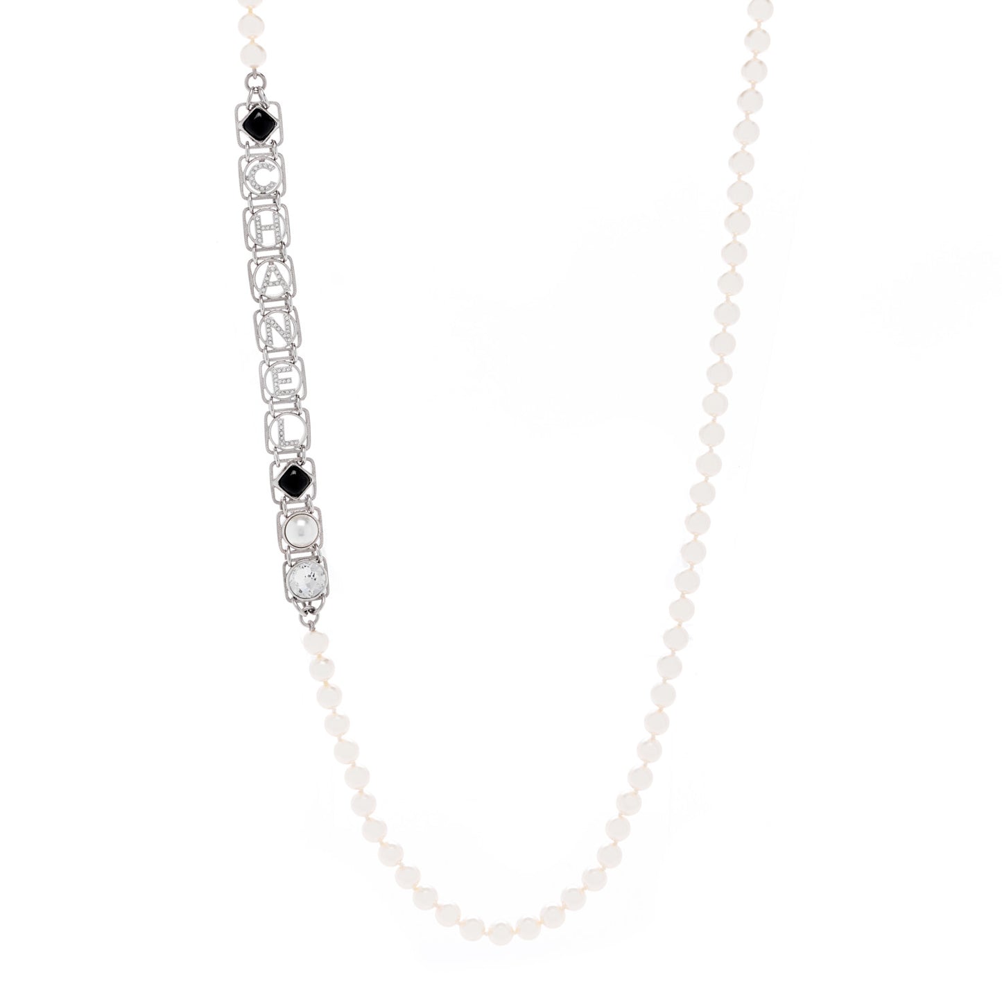 Crystal Pearl Resin Chanel Logo Long Necklace Silver Pearly White Black