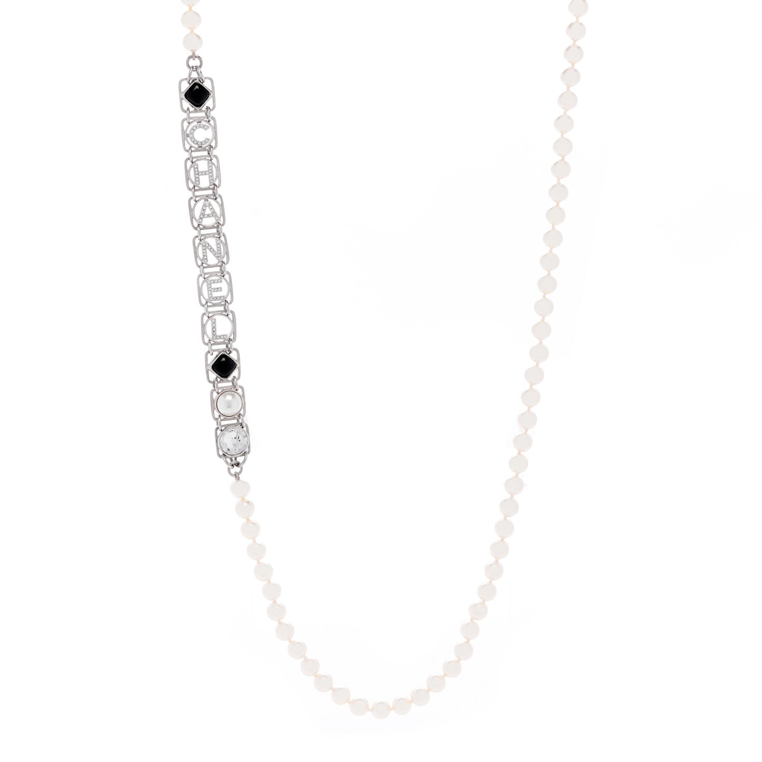 Chanel Crystal Pearl Resin Chanel Logo Long Necklace Silver Pearly White Black 1 of 3