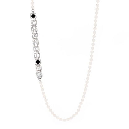 Chanel Crystal Pearl Resin Chanel Logo Long Necklace Silver Pearly White Black 1 of 3