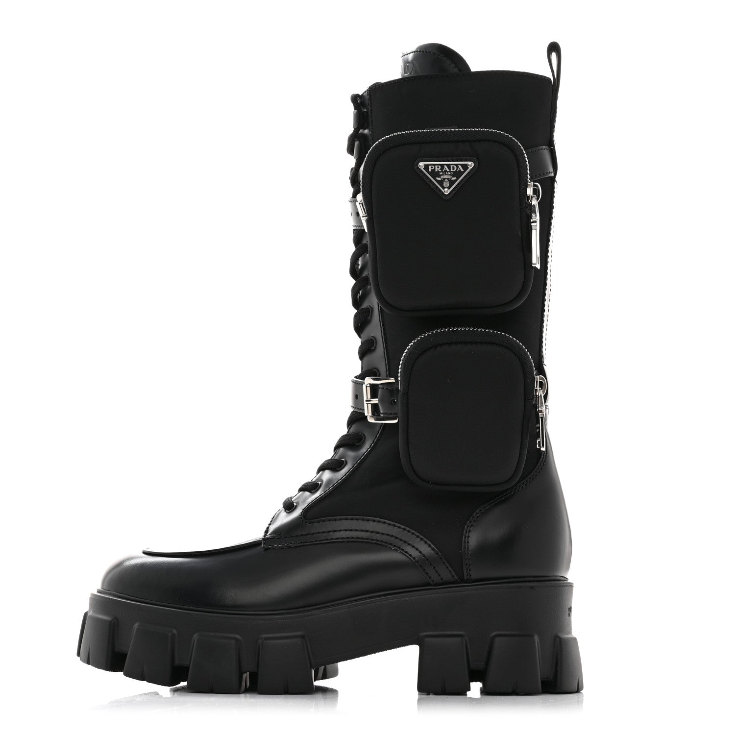 Prada Spazzolato Rois Re-Nylon Metal Triangle Logo Monolith Pouch Pocket 55mm Tall Combat Boots 41 Black 1 of 8