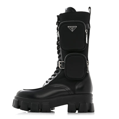 Prada Spazzolato Rois Re-Nylon Metal Triangle Logo Monolith Pouch Pocket 55mm Tall Combat Boots 41 Black 1 of 8