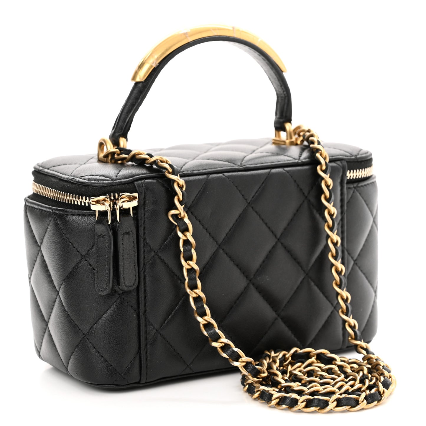 Lambskin Quilted Metal Small Top Handle Vanity Case With Chain Black