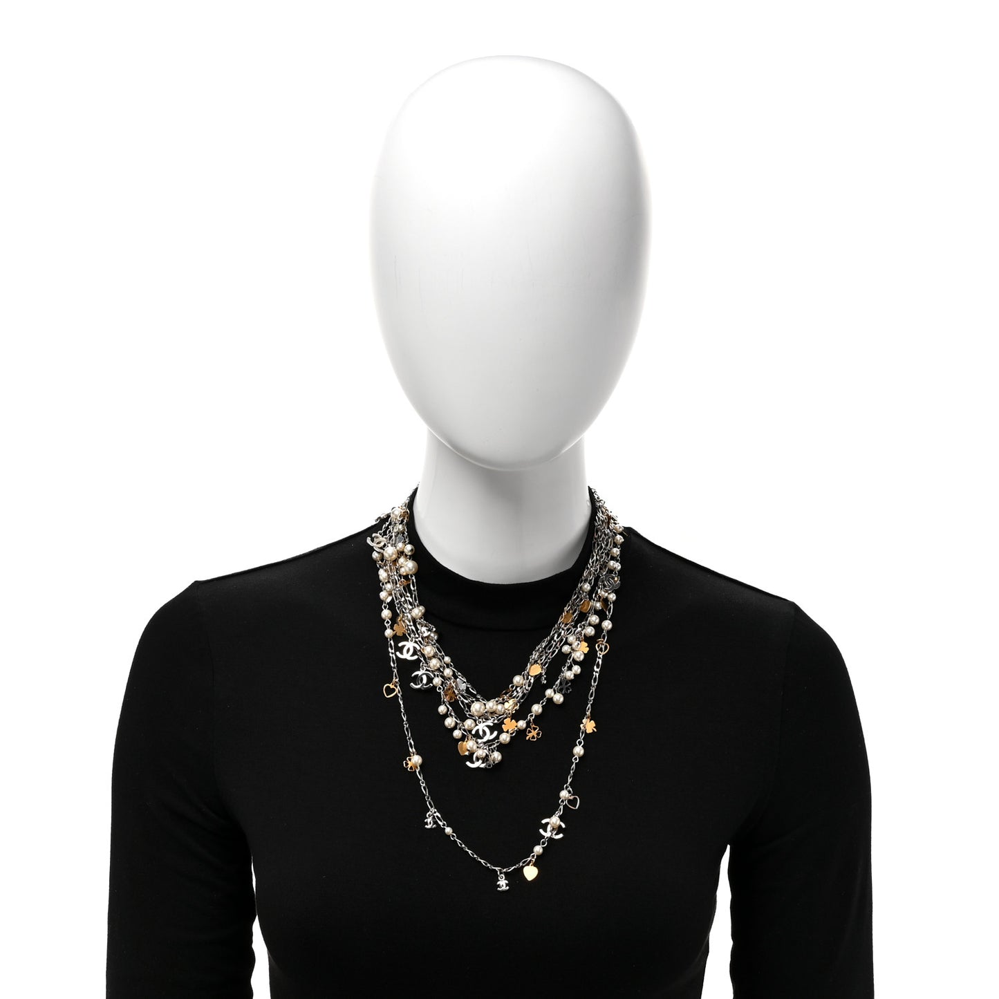 Pearl CC Clover Long Necklace Gold White