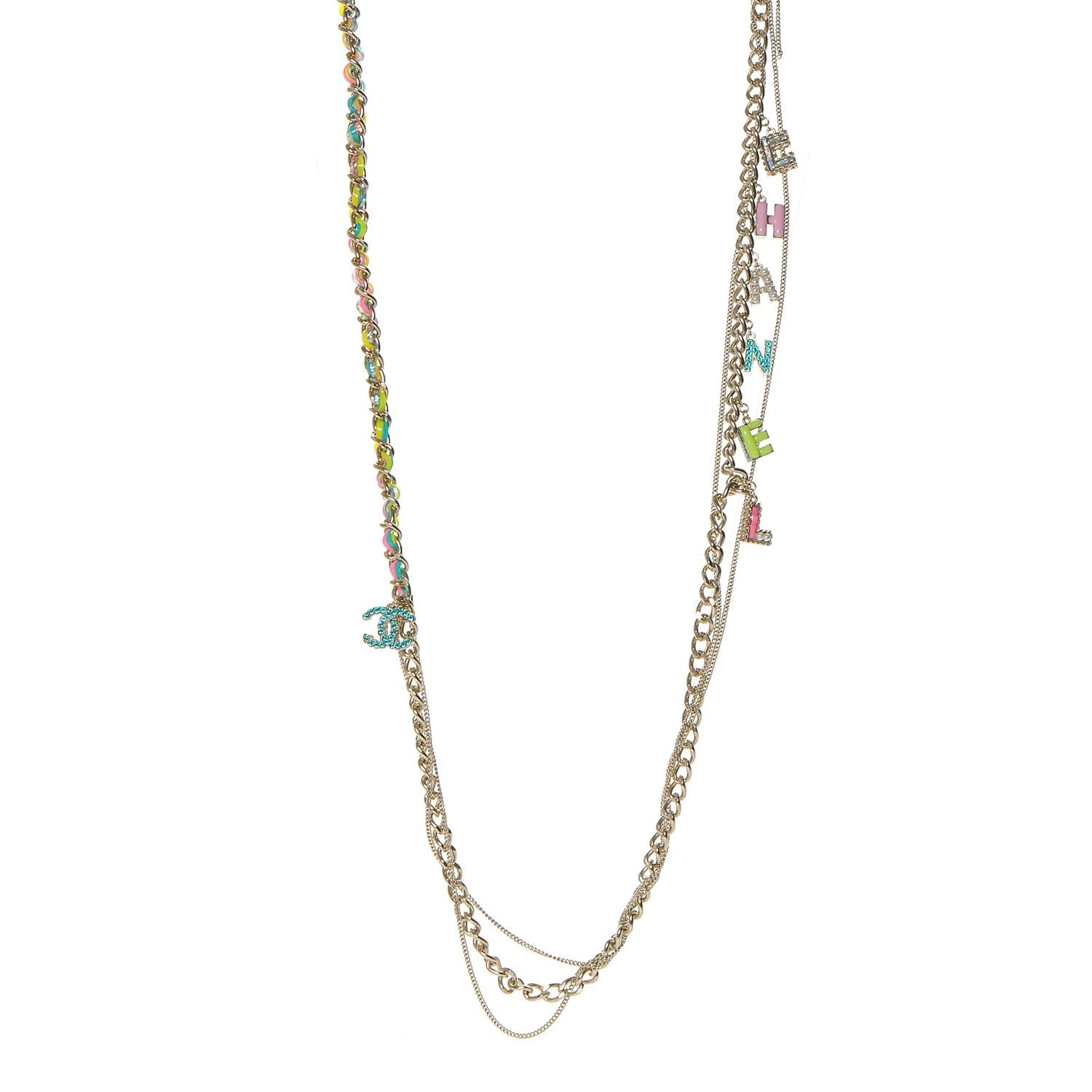 Chanel Metal Strass PVC Enamel CC Chain Link Long Necklace Gold Blue Pink Yellow 1 of 4