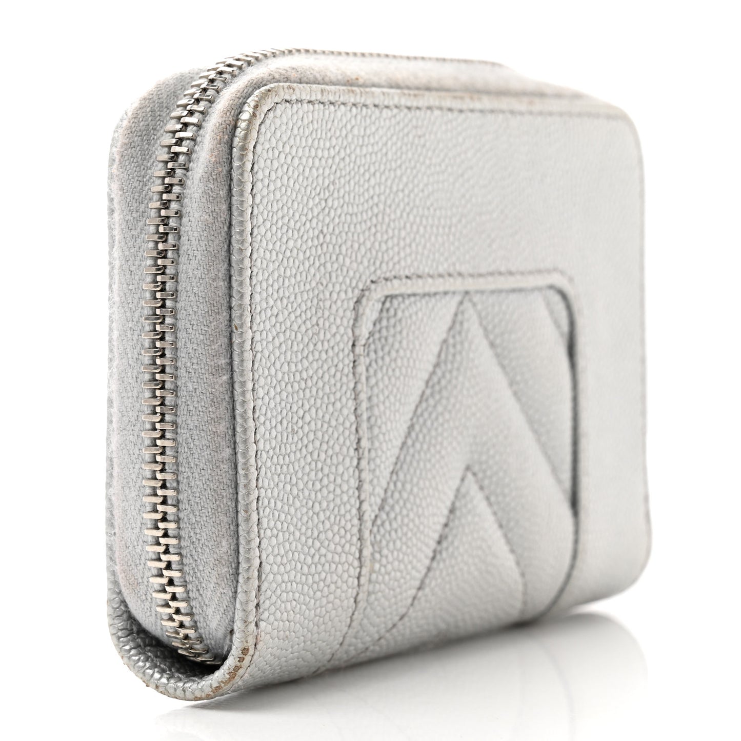 Metallic Caviar Chevron Quilted Vintage Mademoiselle Zip Coin Purse Silver