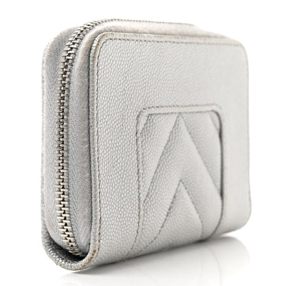 Chanel Metallic Caviar Chevron Quilted Vintage Mademoiselle Zip Coin Purse Silver 3 of 10