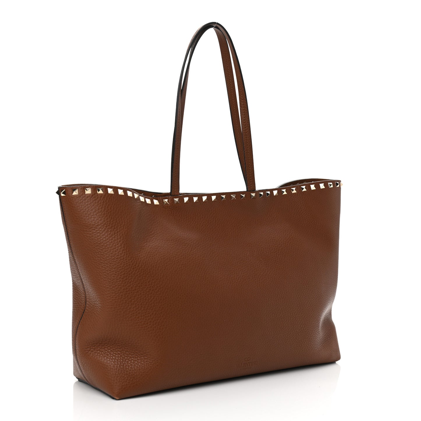 Grained Calfskin Rockstud Shoulder Tote Bright Cognac