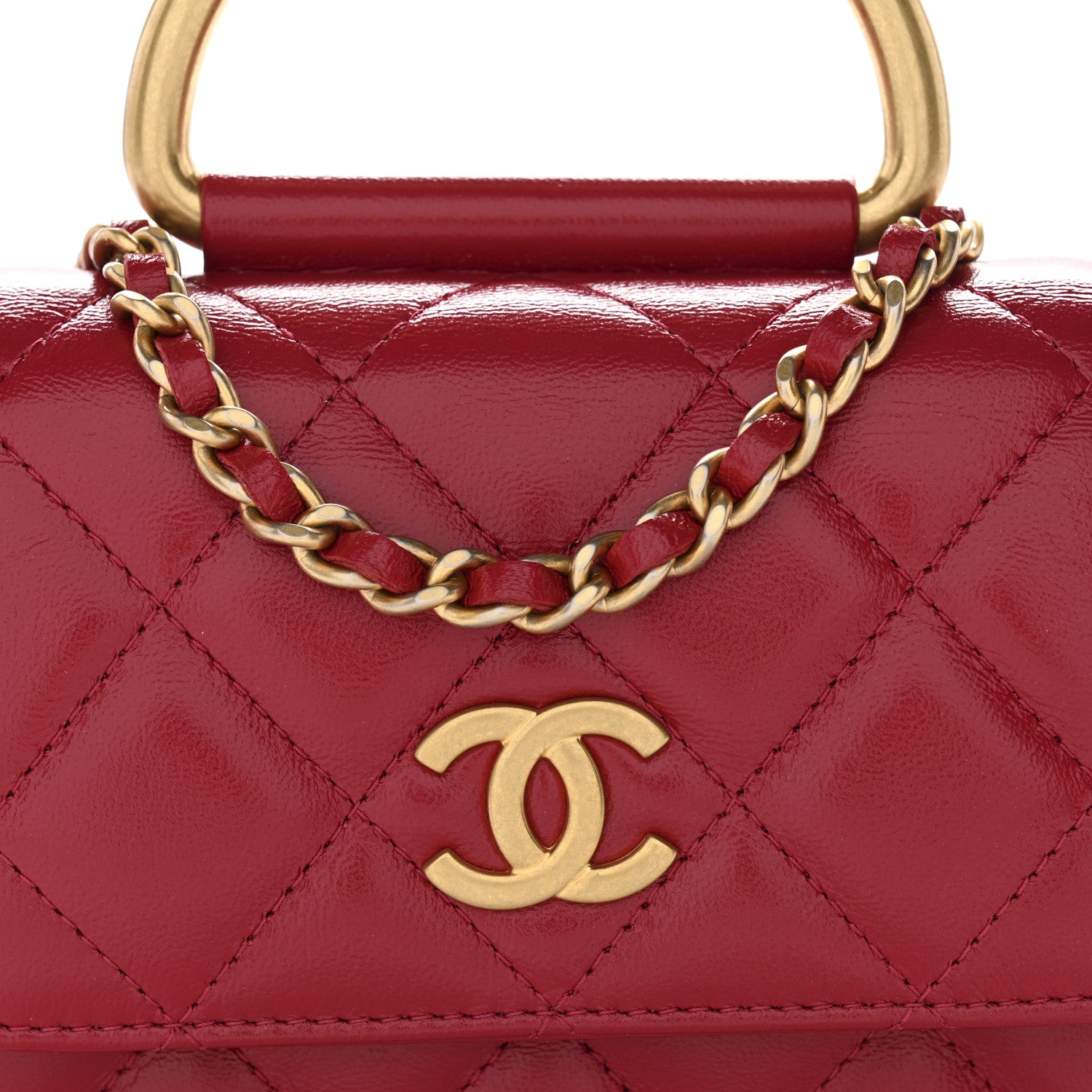 Chanel Shiny Lambskin Quilted Mini Metal Top Handle Clutch With Chain  Red 9 of 12