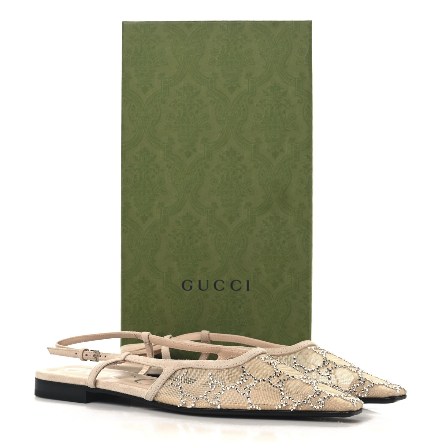 Suede Mesh Crystal GG Monogram Slingback Ballet Flats 37 Light Powder Skin Rose
