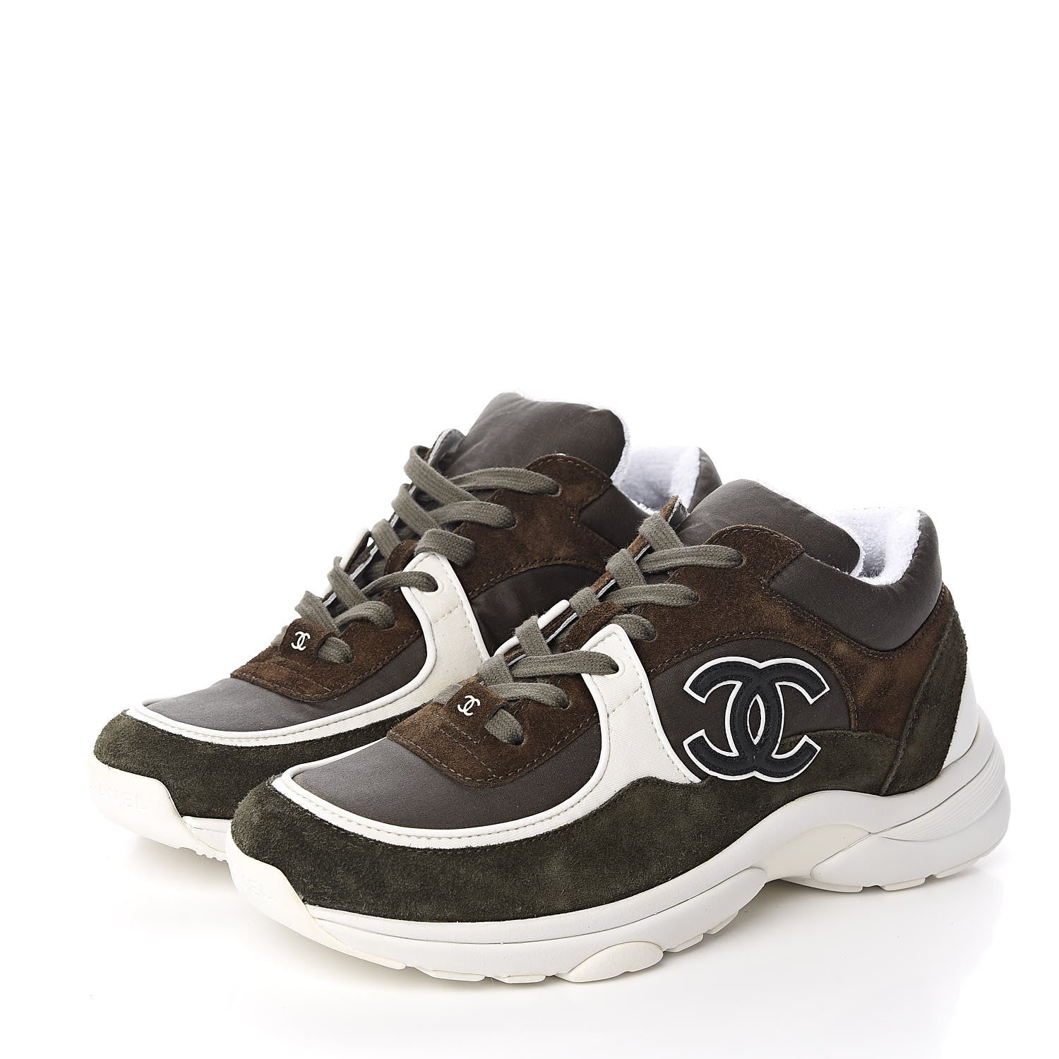 Chanel Fabric Calfskin Suede CC Womens Sneakers 39 Khaki 3 of 10