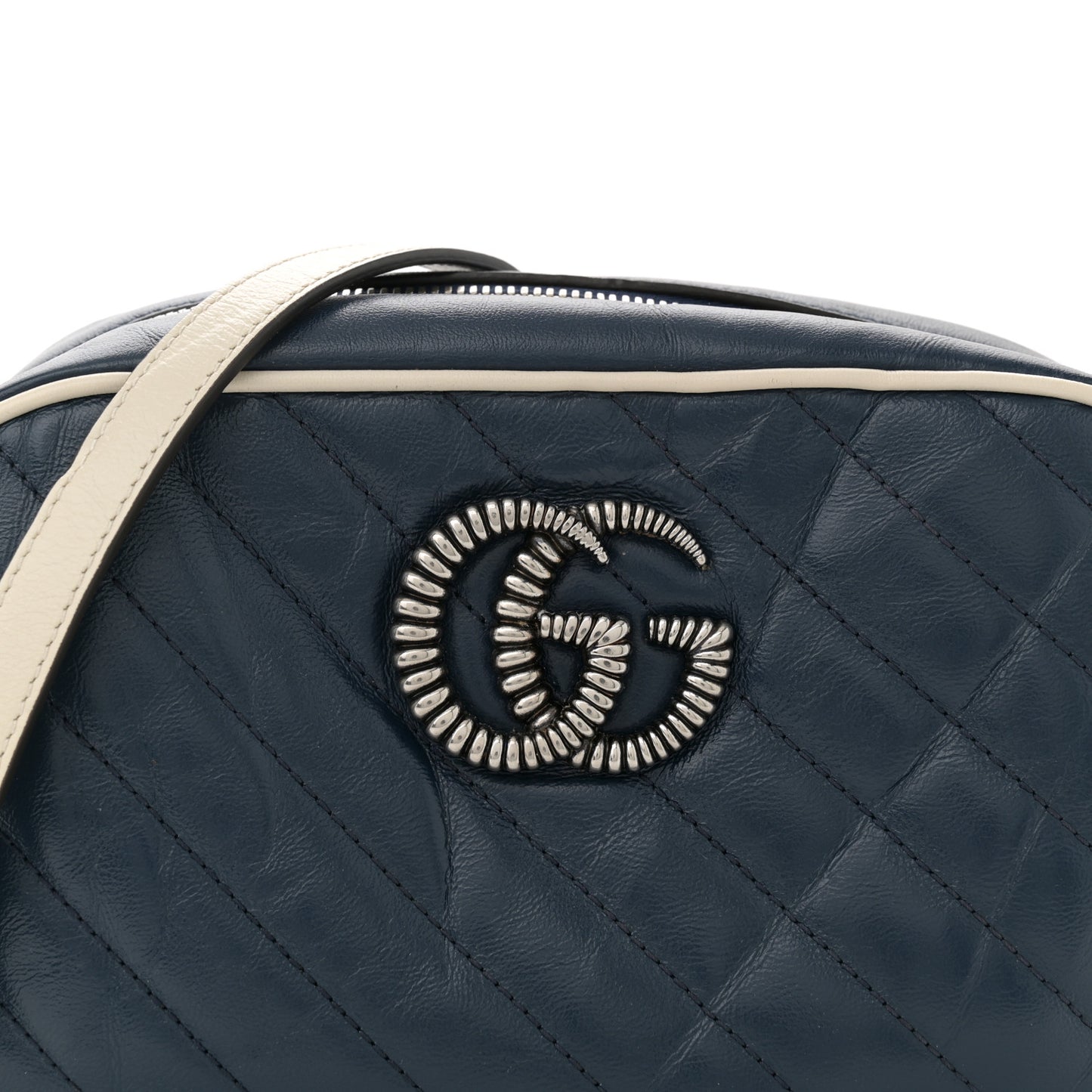 Vintage Effect Calfskin Matelasse Diagonal Small Torchon GG Marmont Chain Shoulder Bag Blue Agata Mystic White