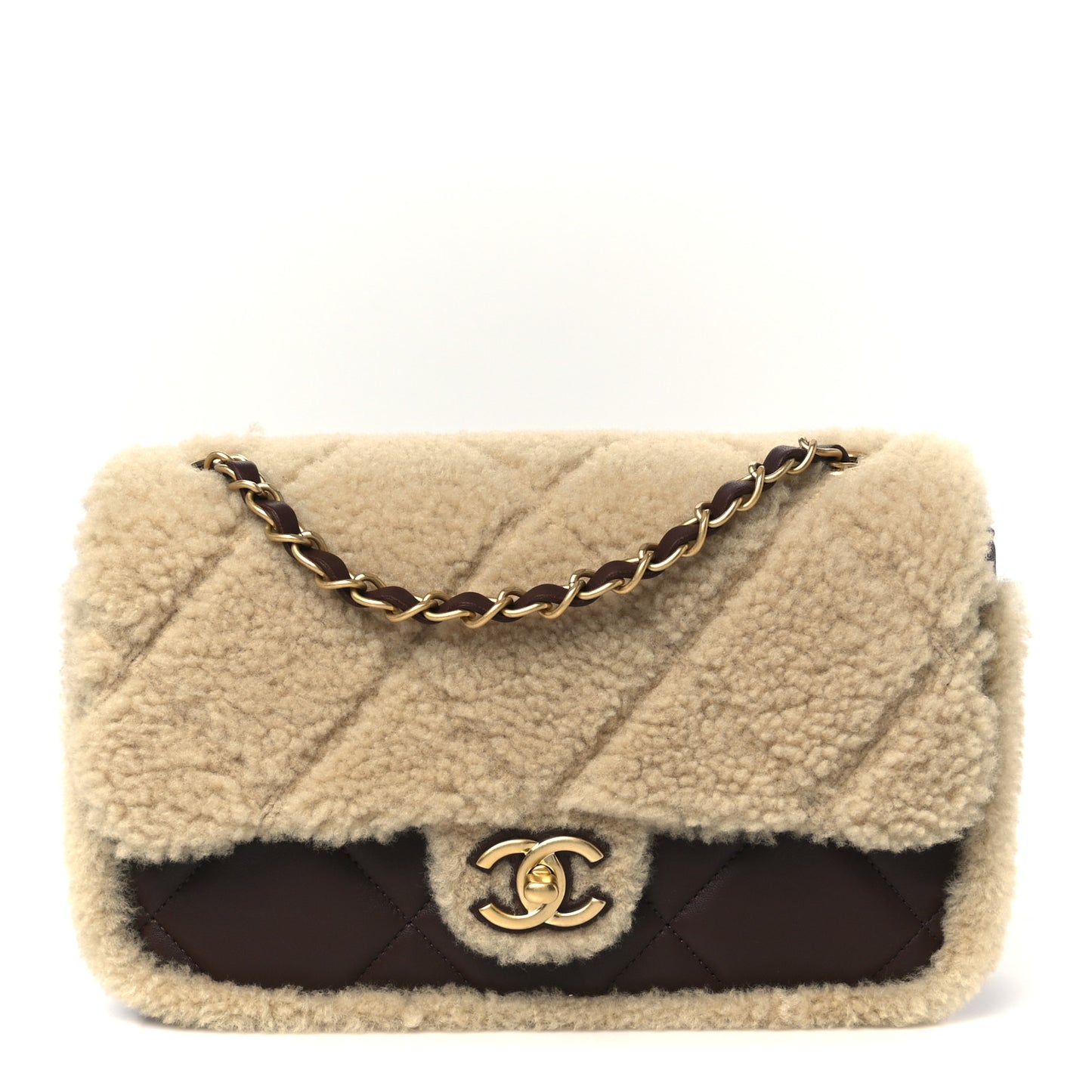 Shearling Lambskin Quilted Furry Coco Flap Beige Dark Brown