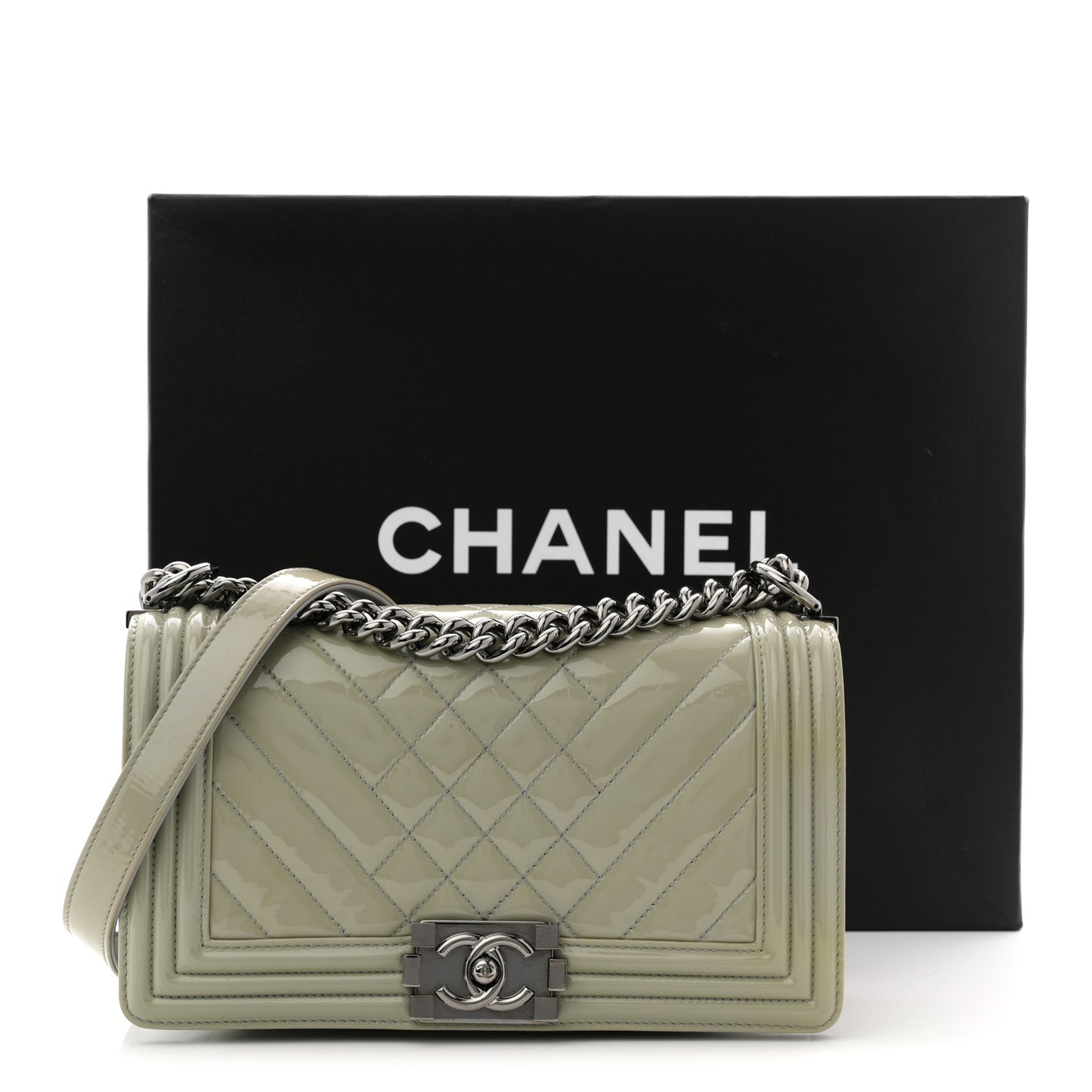 Patent Chevron Quilted Medium Boy Flap Grey