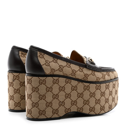 Gucci Canvas GG Monogram Womens Horsebit Platform Loafers 37 Beige Ebony Cocoa 4 of 10
