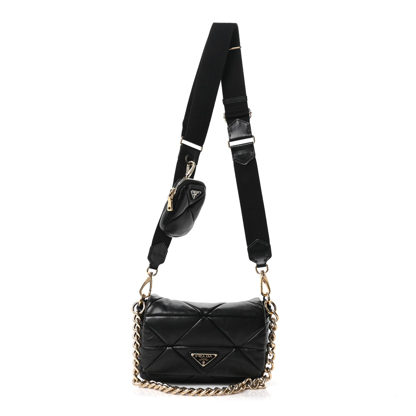 Nappa Re-Nylon Triangle Quilted Patchwork System Flap Shoulder Bag Black