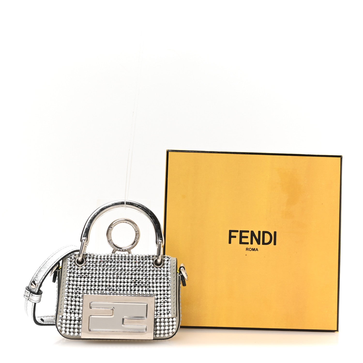 Fendi Nubuck Crystal Catalan Mirror Nano Maxi Buckle Baguette Charm Pietra Argento 11 of 11