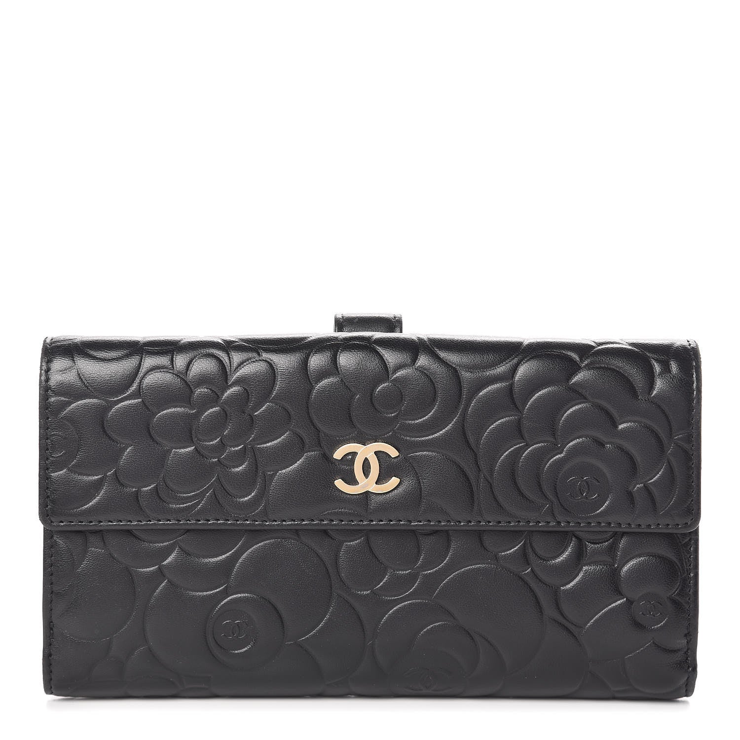 Chanel Lambskin Camellia Embossed Long Double Wallet Black 1 of 13