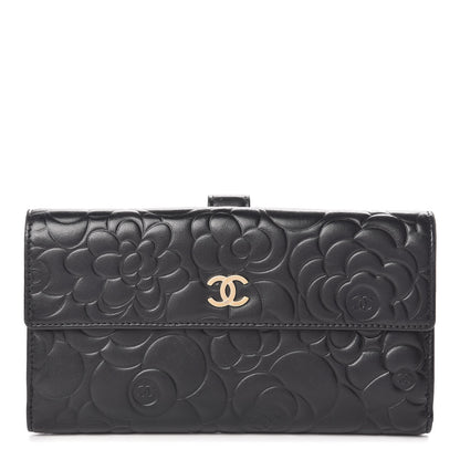 Chanel Lambskin Camellia Embossed Long Double Wallet Black 1 of 13
