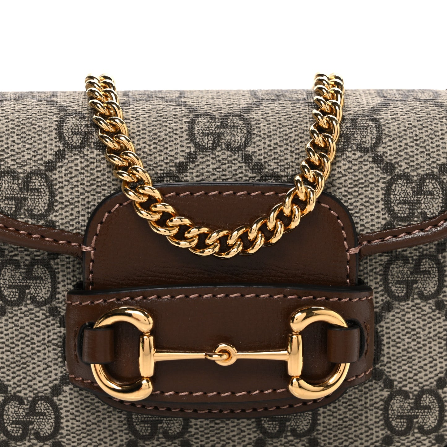 GG Supreme Monogram Azalea Calfskin Web Horsebit 1955 Wallet On Strap Beige Ebony Brown Sugar