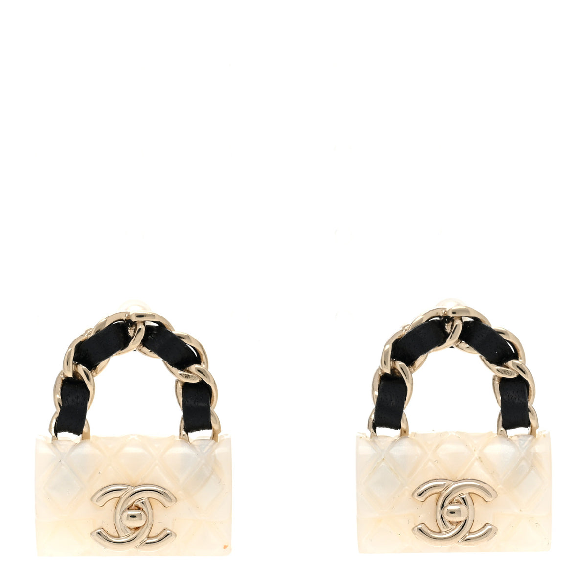 Metal Resin Lambskin Quilted CC Turnlock Chain Flap Bag Earrings White Gold