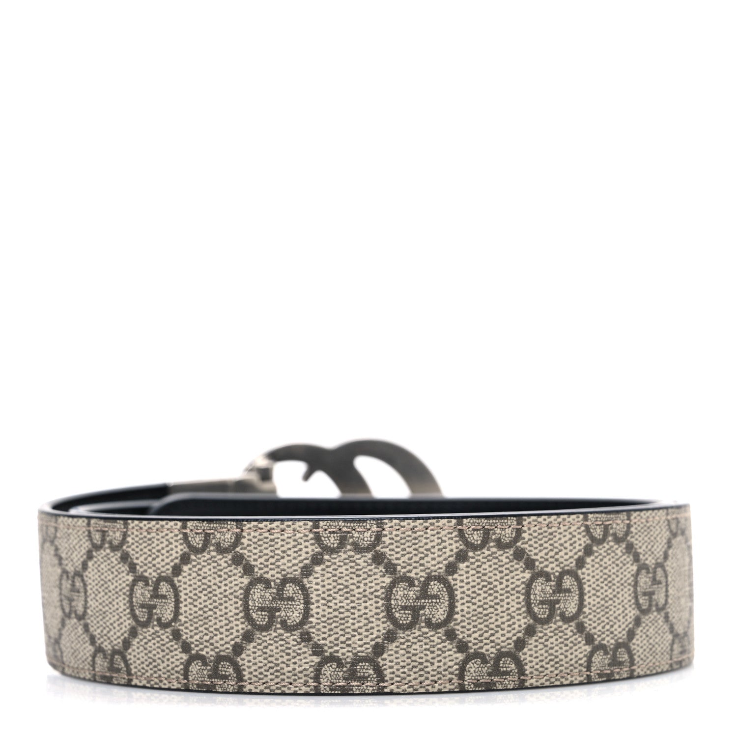 Gucci GG Supreme Monogram Plutone Calfskin Palladium Double G Reversible 37mm Belt 85 34 Beige Ebony Black 2 of 6
