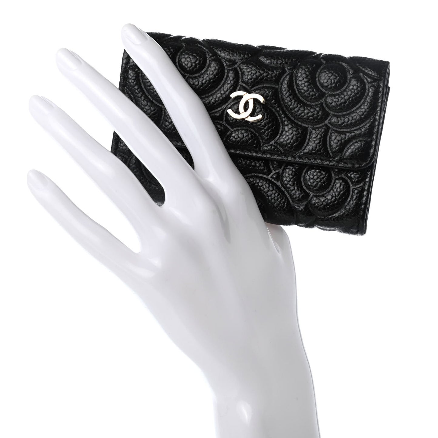 Caviar Camellia Embossed Card Holder Wallet Black