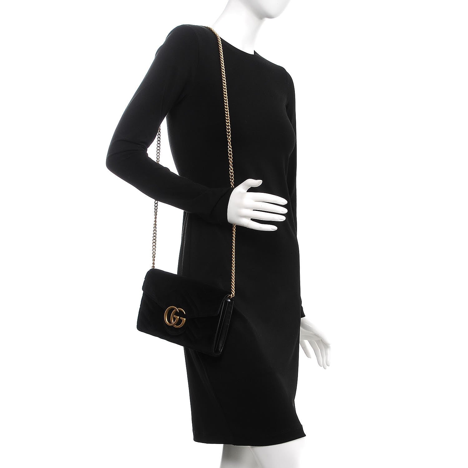 Gucci Velvet Matelasse GG Marmont Chain Wallet Black 2 of 6