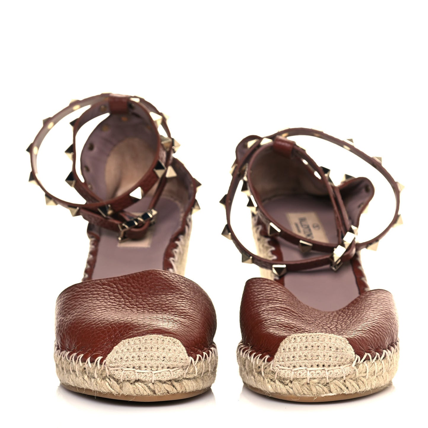 Grained Calfskin Rockstud Ankle Wrap Espadrille 15/85mm Wedges 39 Cuoio