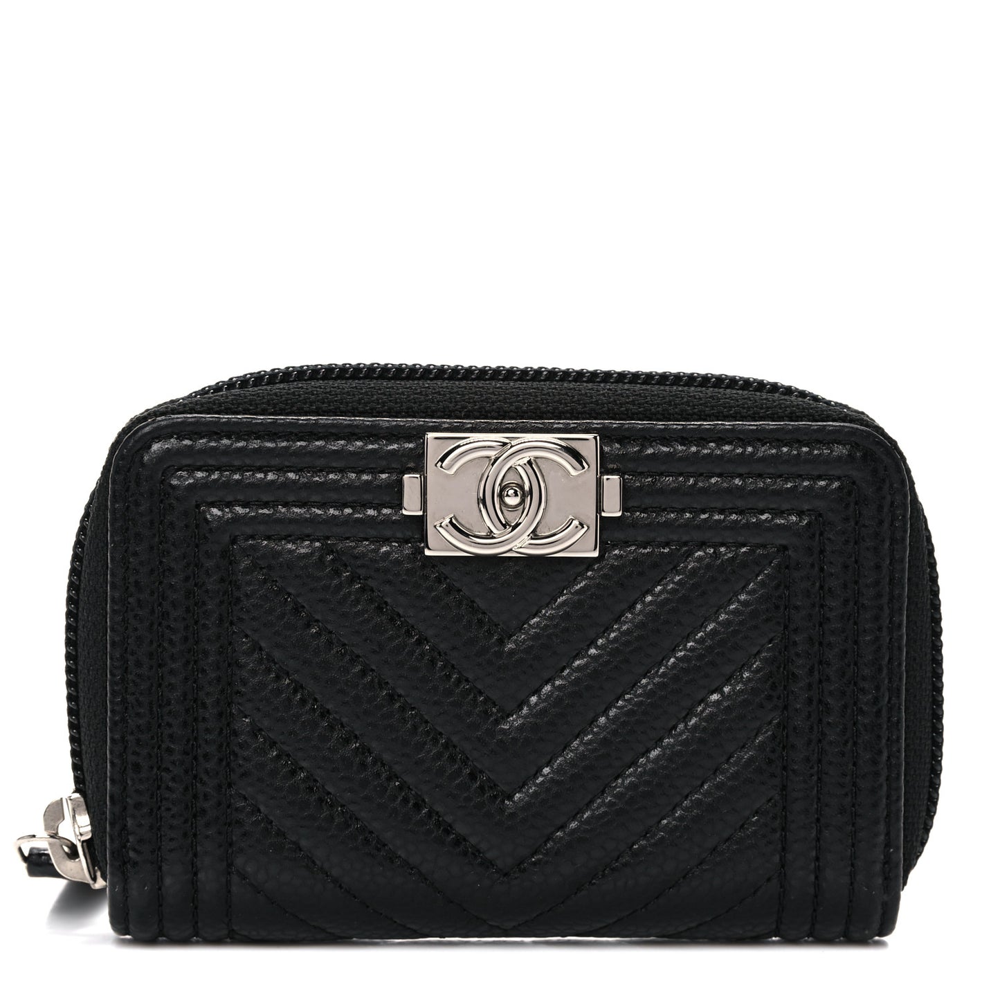 Caviar Chevron Quilted Boy Zip Around Coin Purse Wallet Black