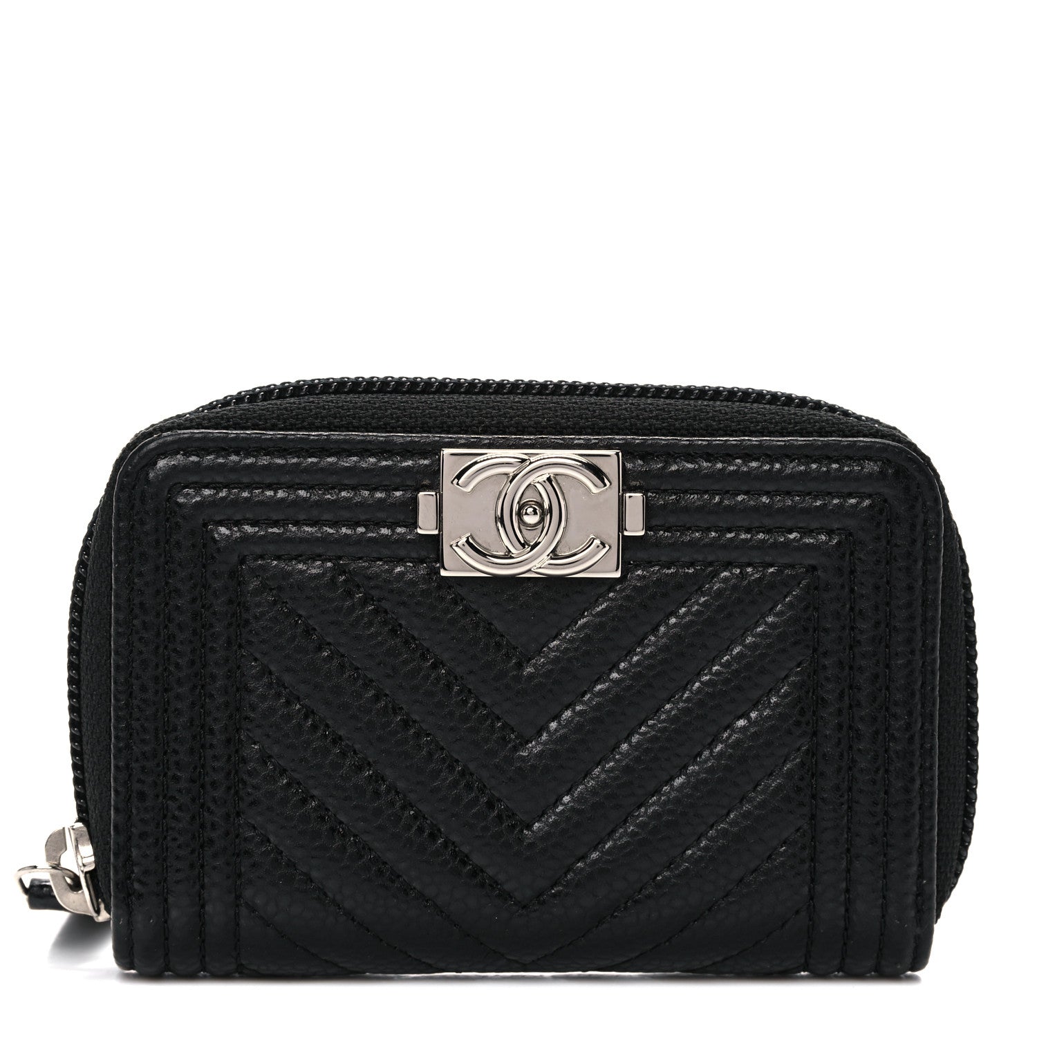 Chanel Caviar Chevron Quilted Boy Zip Around Coin Purse Wallet Black 1 of 10
