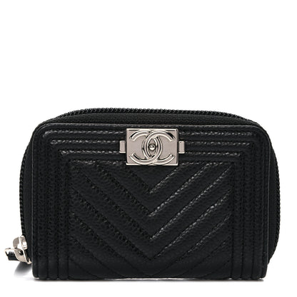 Chanel Caviar Chevron Quilted Boy Zip Around Coin Purse Wallet Black 1 of 10
