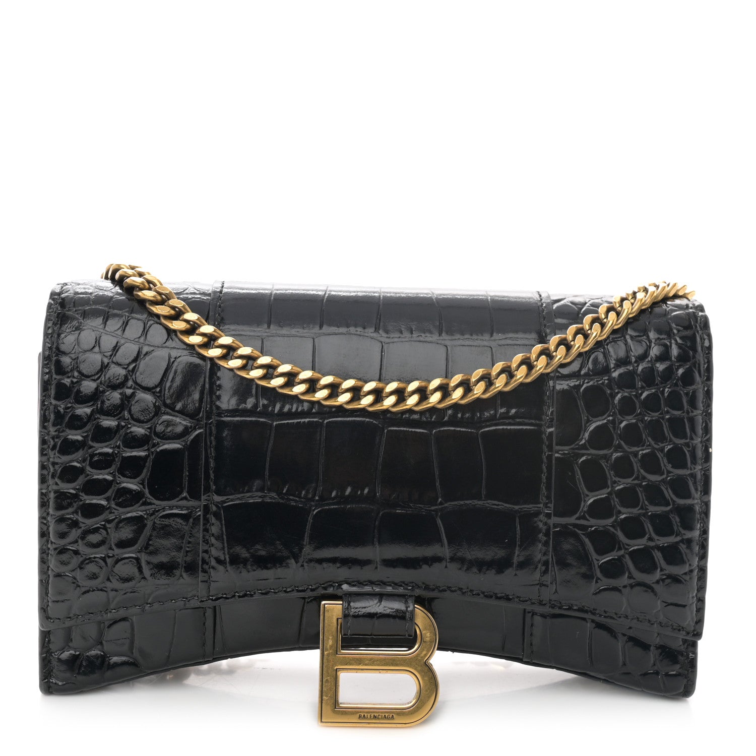Balenciaga Shiny Calfskin Crocodile Embossed Hourglass Chain Bag Black 1 of 10