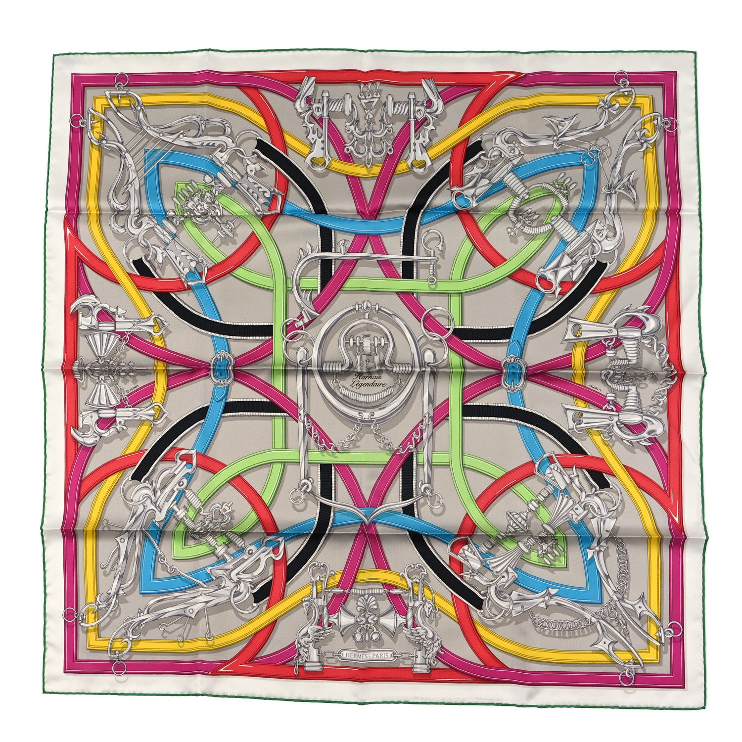 Hermes Silk Harnais Legendaire Scarf 90 Gris Argent Fuchsia Multicolore 1 of 3