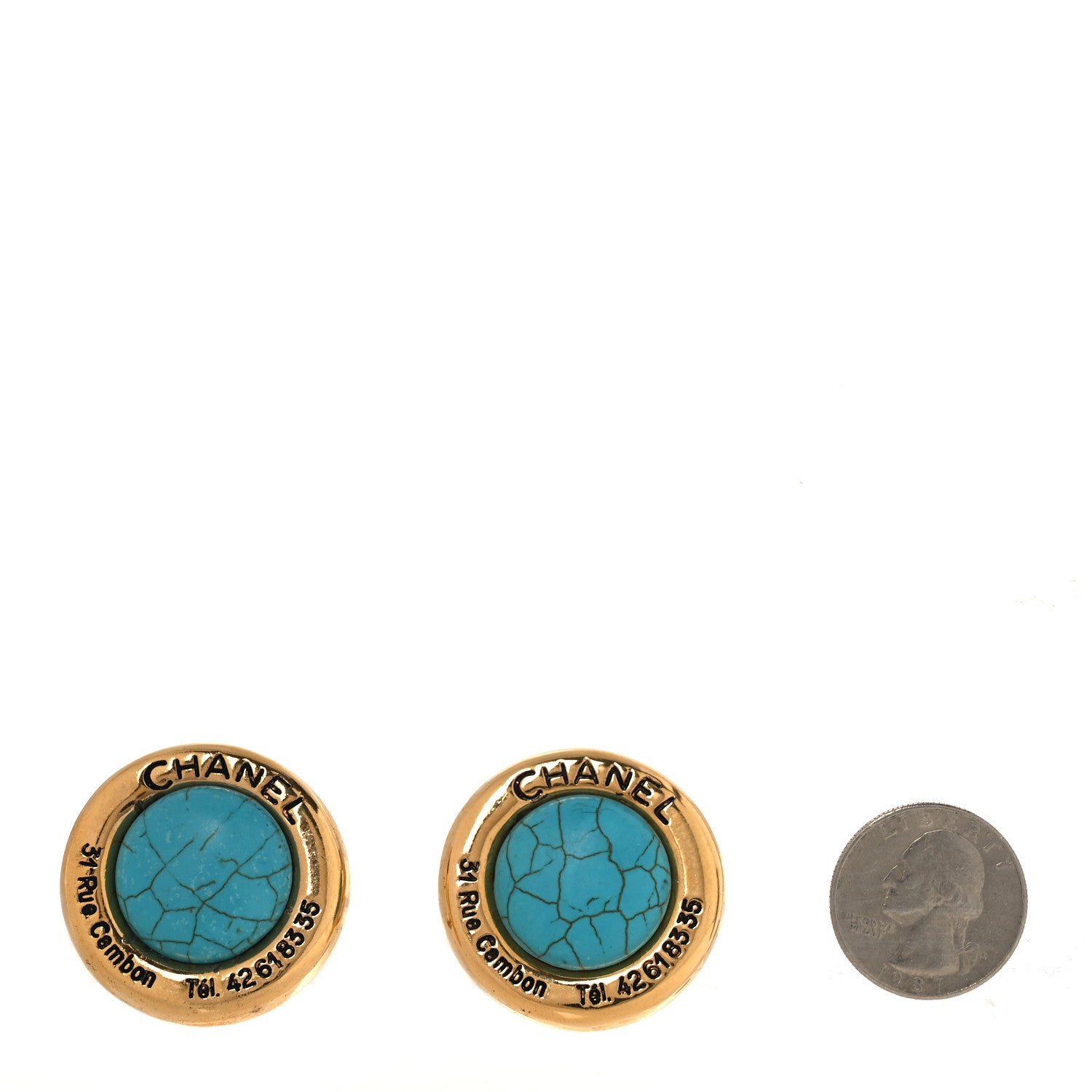 Chanel Metal Round Cambon Resin Clip On Earrings Gold Turquoise 3 of 8