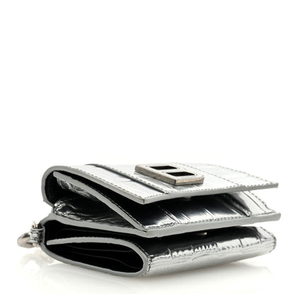 Balenciaga Metallic Calfskin Crocodile Embossed Mini Hourglass Wallet on Chain Silver 4 of 11