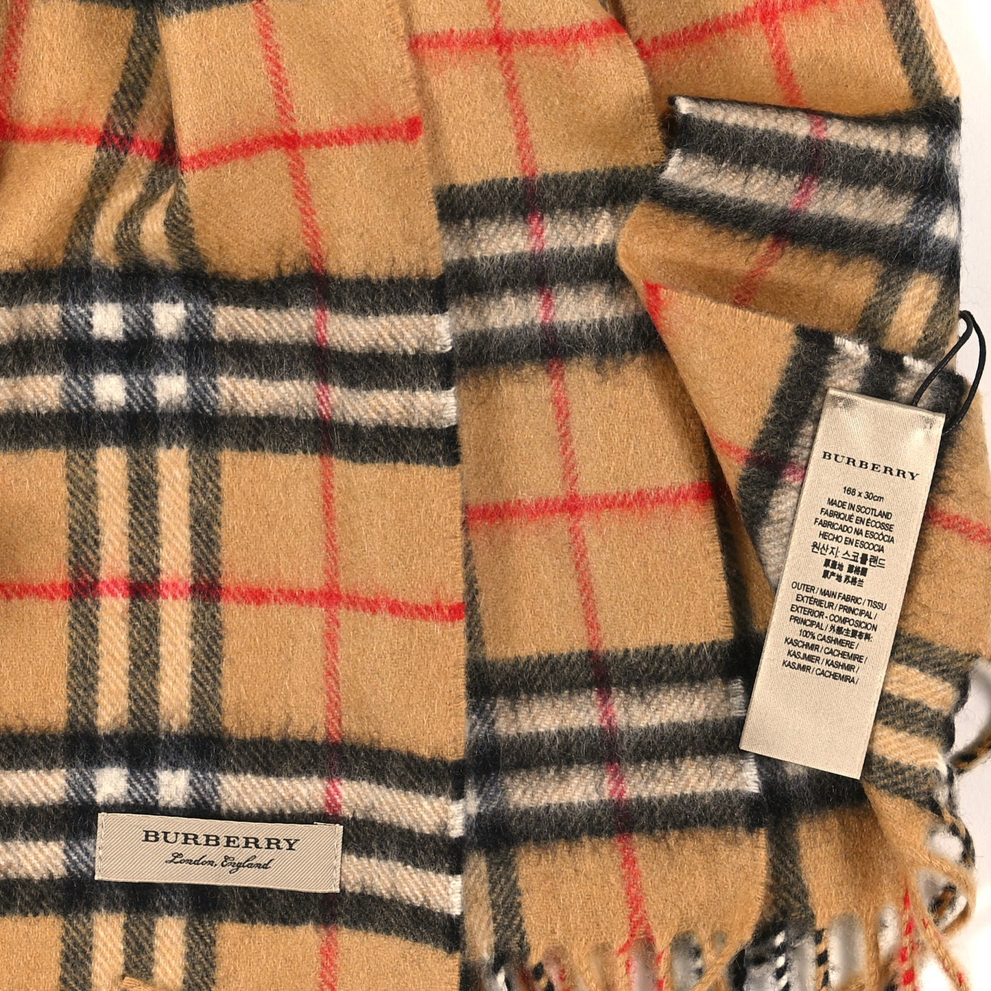 Cashmere Giant Check Fringe Scarf Archive Beige