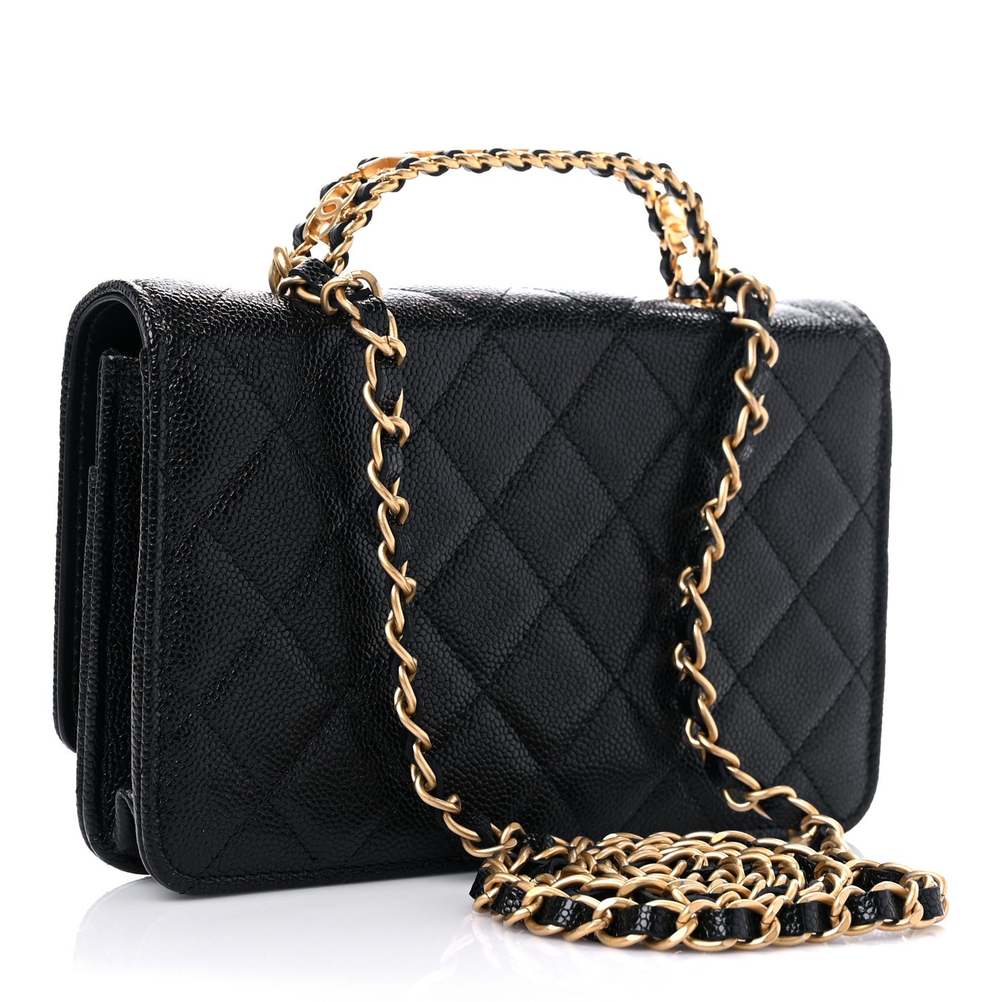 Shiny Caviar Quilted Pick Me Up Wallet On Chain WOC Black