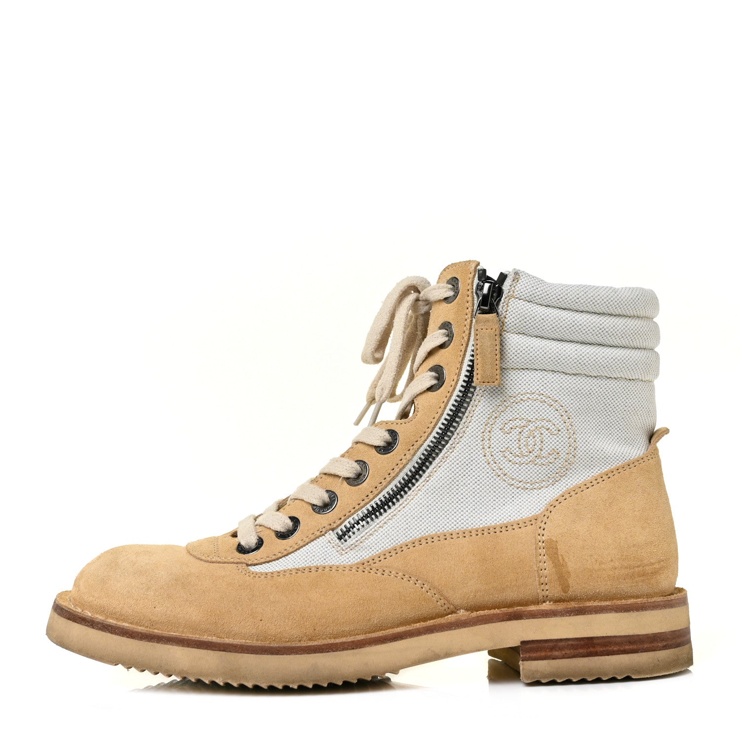 Chanel Toile Suede Calfskin CC Lace Up Short Boots 39 Light Beige 1 of 8