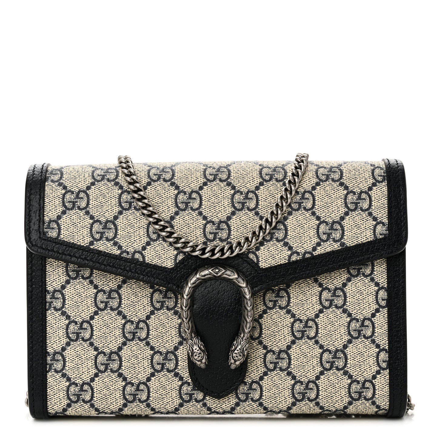 GG Supreme Monogram Textured Dollar Calfskin Mini Dionysus Chain Wallet Beige Blue