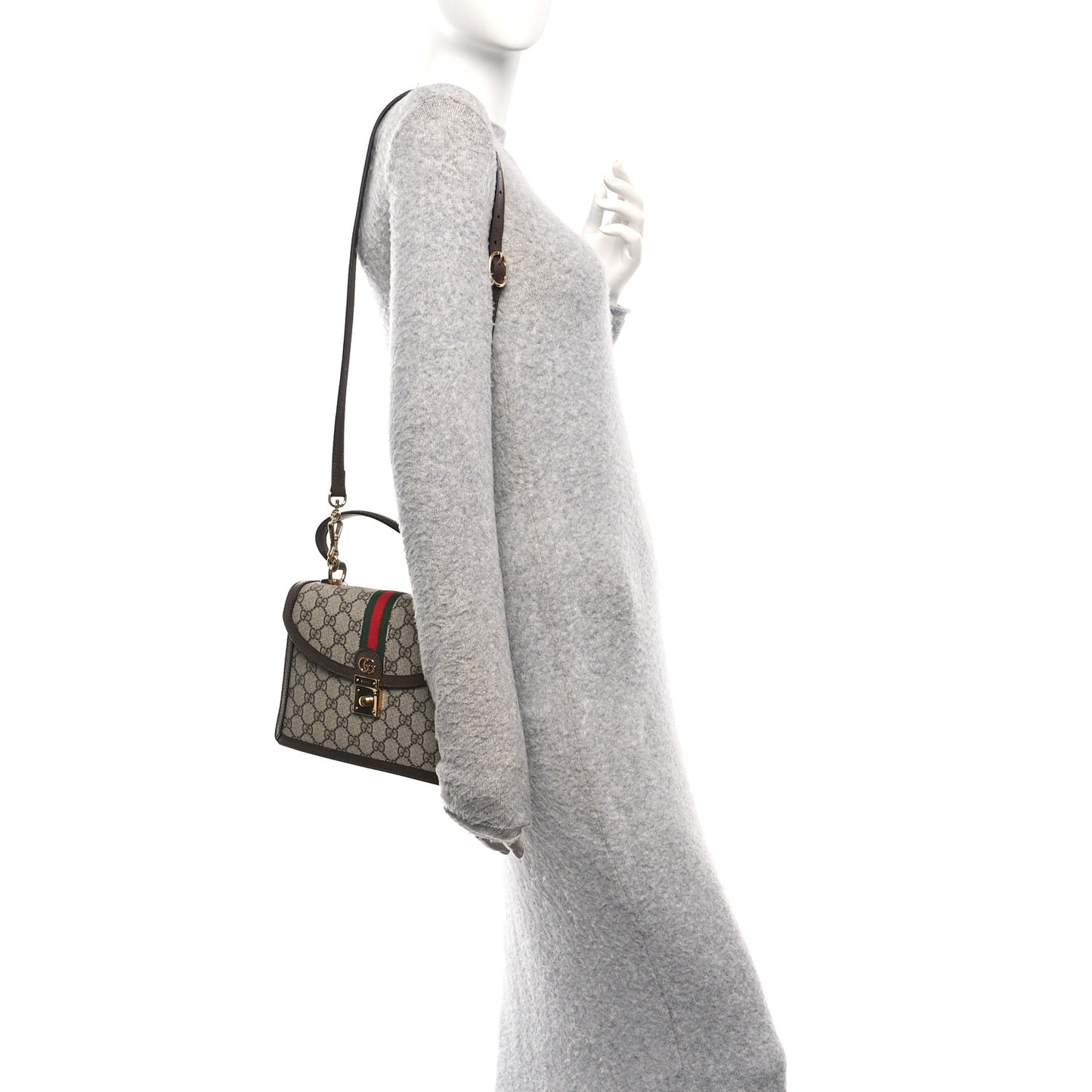 GG Supreme Monogram Textured Dollar Calfskin Web Small Ophidia Padlock Top Handle Bag Beige Ebony New Acero