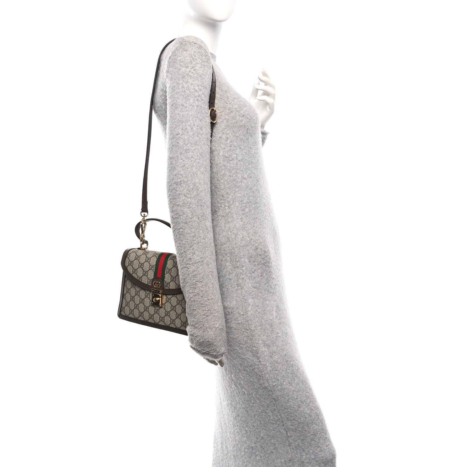 Gucci GG Supreme Monogram Textured Dollar Calfskin Web Small Ophidia Padlock Top Handle Bag Beige Ebony New Acero 2 of 11