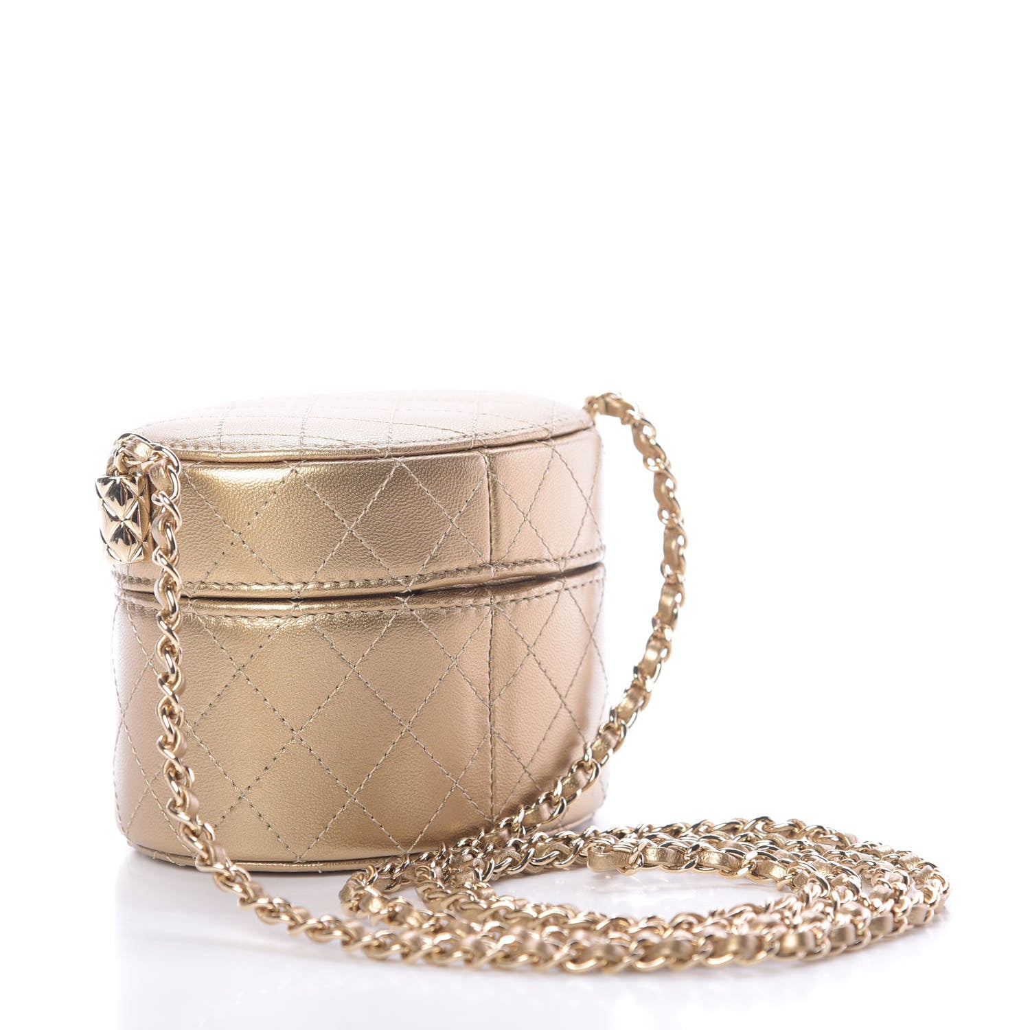 Chanel Metallic Lambskin Quilted Round Mini Vanity Case With Chain Gold 3 of 11