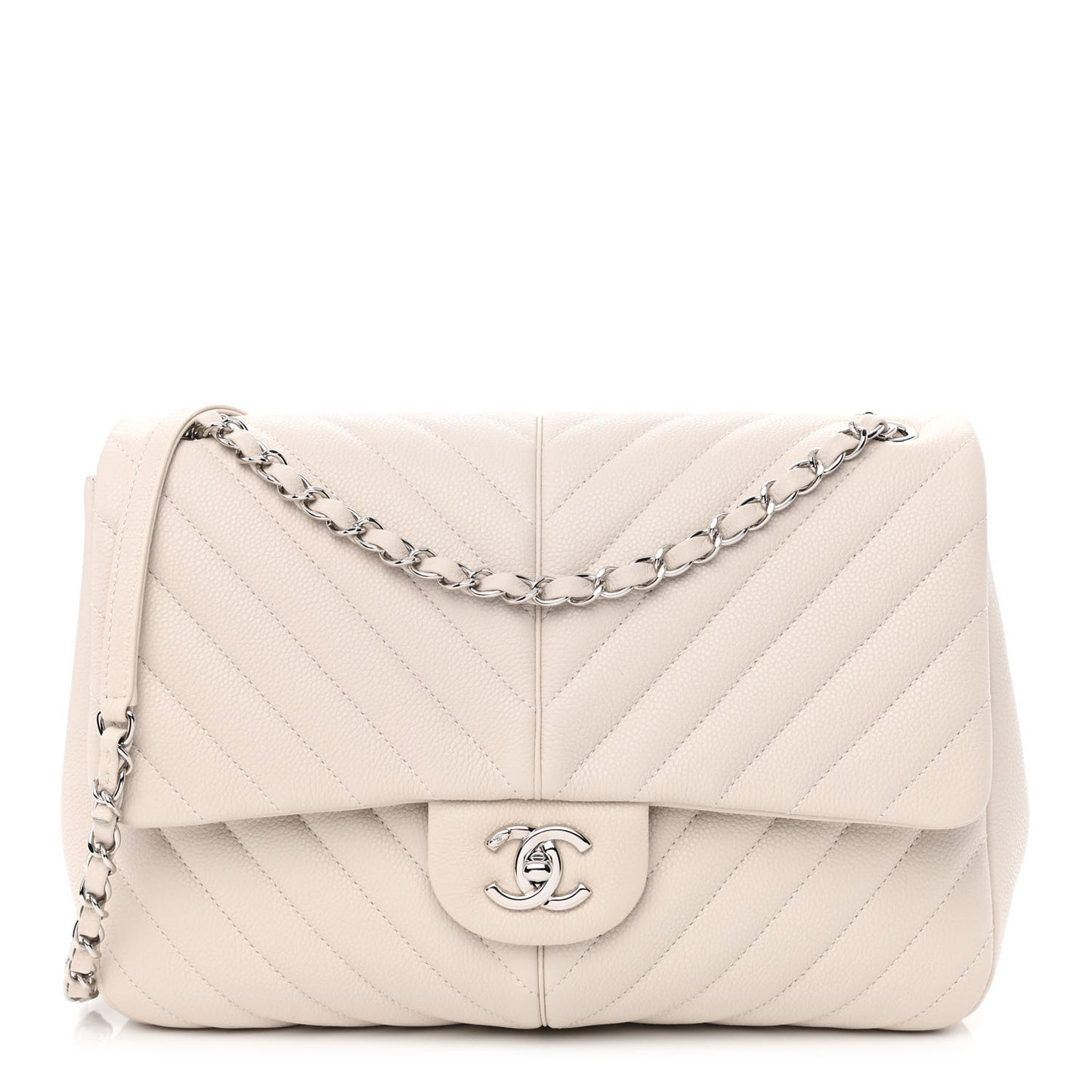 Caviar Chevron Quilted Large Puffy CC Flap White