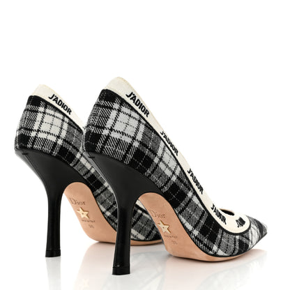 Christian Dior Canvas Ribbon Tartan Print Embroidered J'Adior 100mm Pumps 36 Black Off White 4 of 9