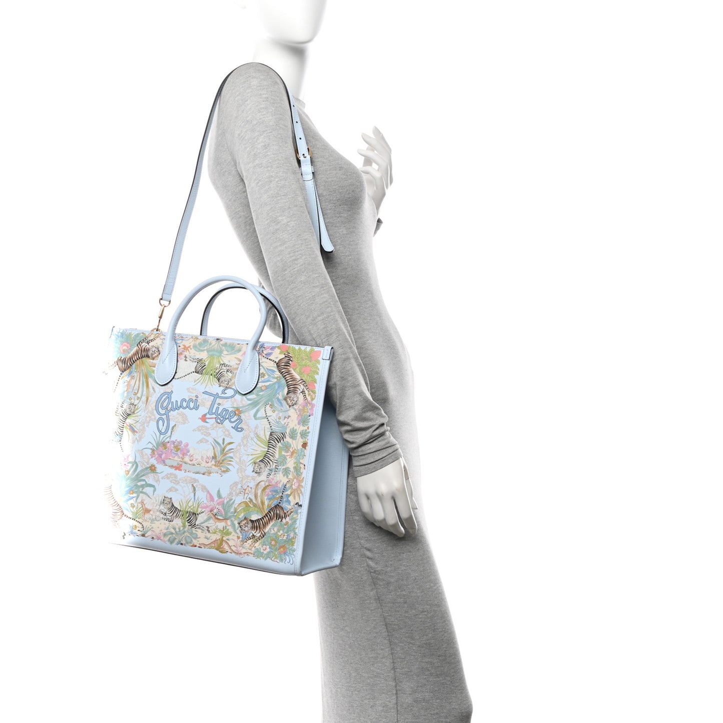 New Shangai Calfskin Tiger Savanah Textured Calfskin Medium Tote Light Blue Multicolor