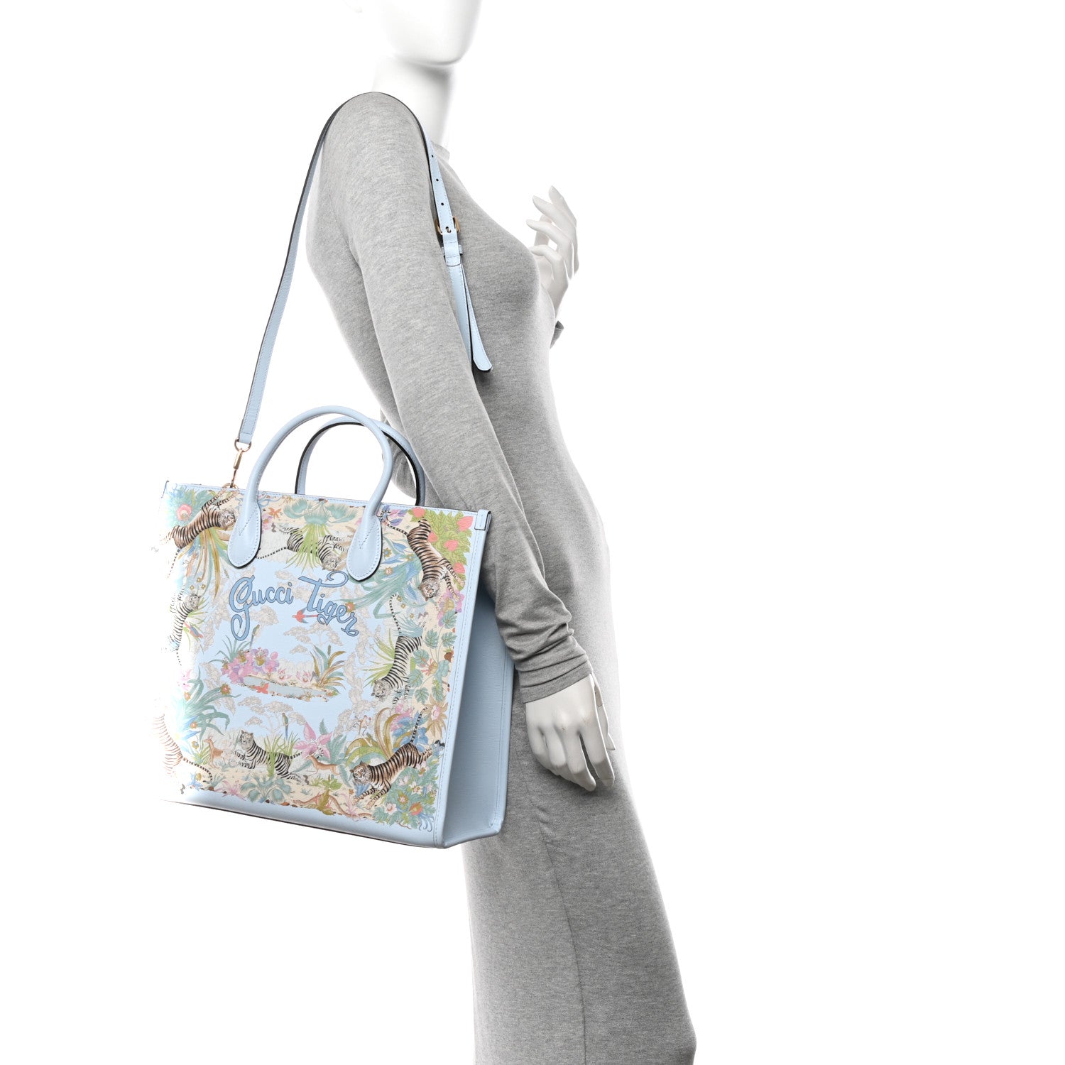 Gucci New Shangai Calfskin Tiger Savanah Textured Calfskin Medium Tote Light Blue Multicolor 2 of 14