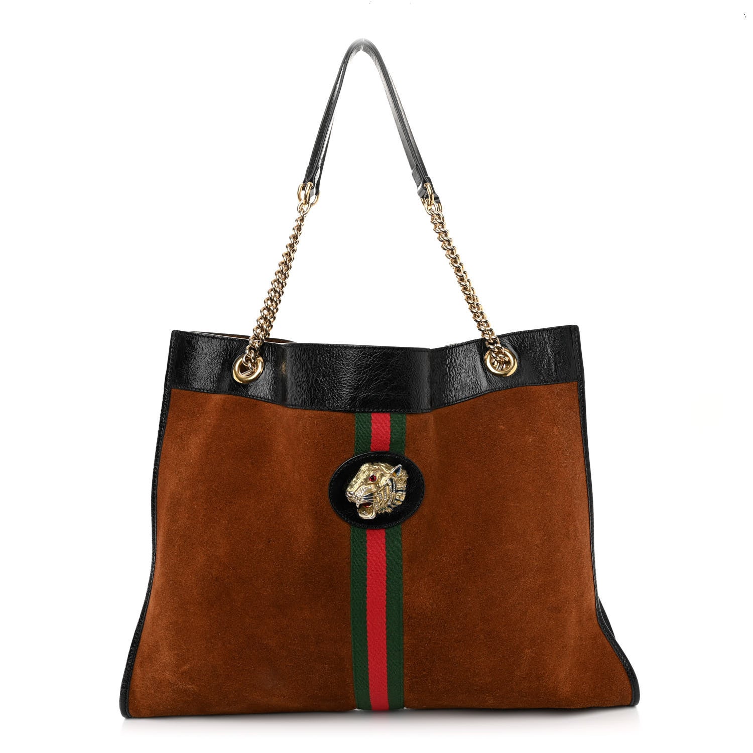 Gucci Suede Patent Large Rajah Chain Tote Nocciola Black 1 of 11