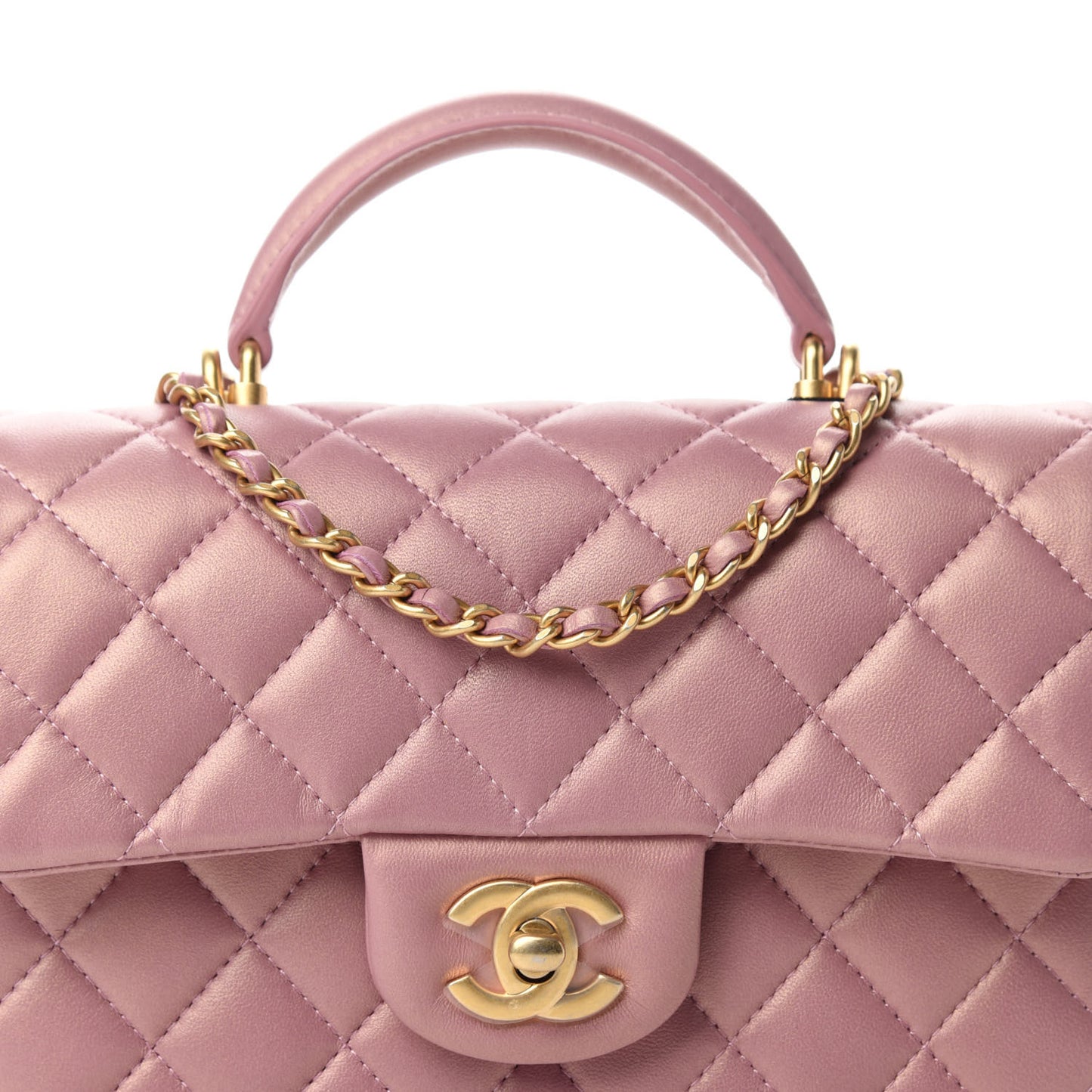 Iridescent Lambskin Quilted Mini Top Handle Rectangular Flap Pink