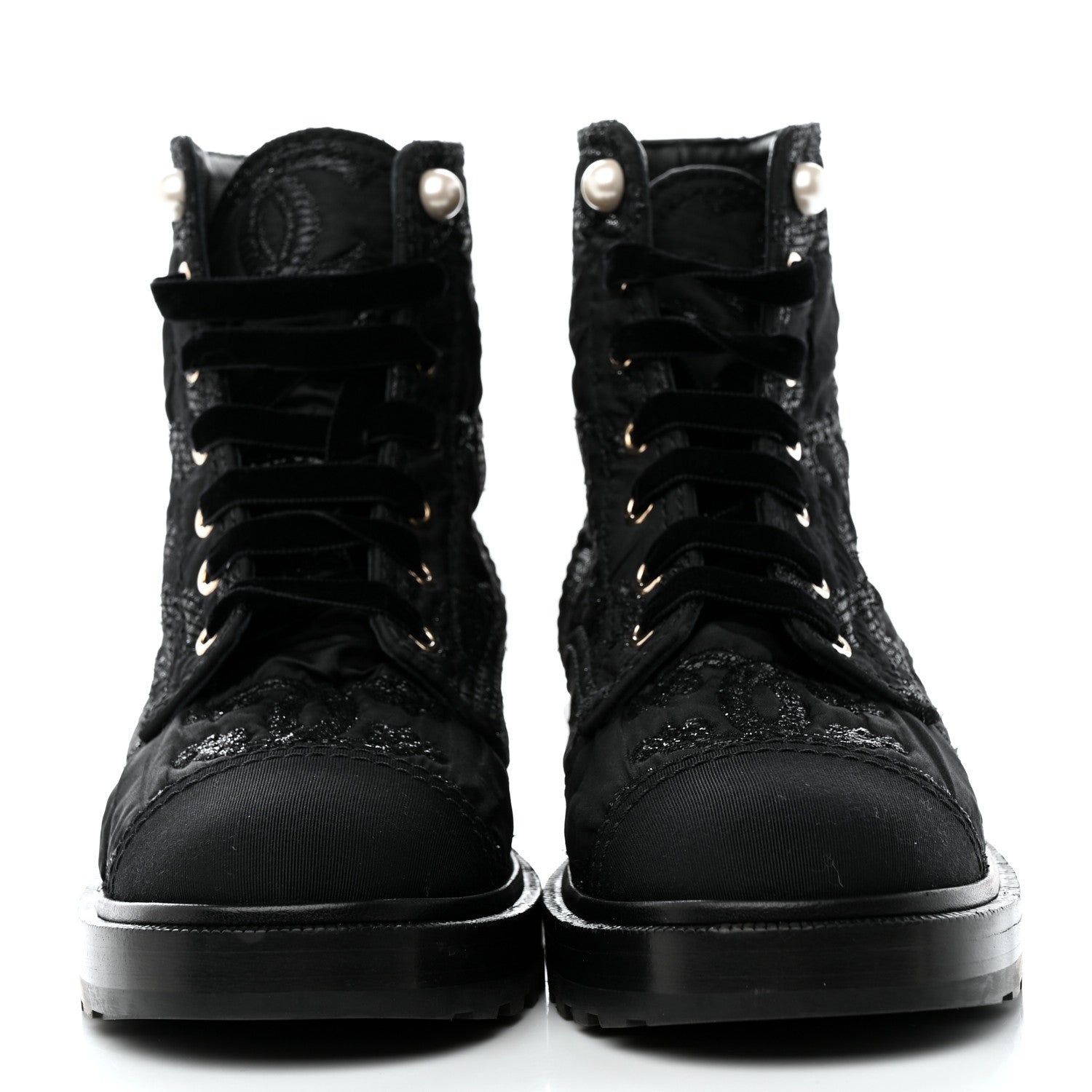 Chanel Tweed Grosgrain CC Combat Short Boots 40 Black 2 of 8